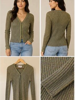 Front Clip Ribbed Sparkly Beaded Sweater in Olive Green